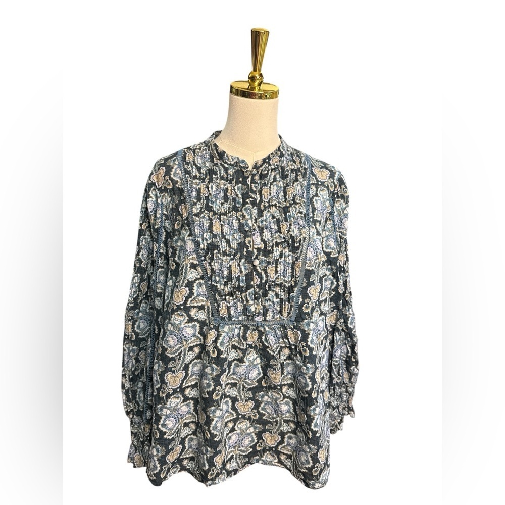 By Anthropology Henley Floral Button-Front Peasant Top in Navy and Cream Size L